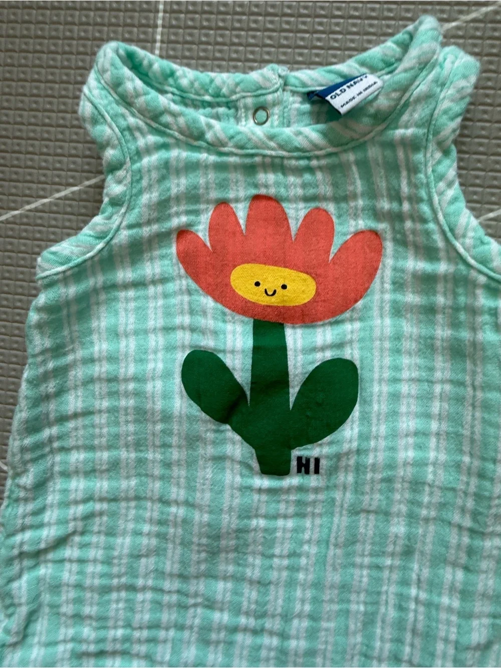 Old Navy|Baby girl teal checkered sleeveless Romper with Smiling Flower/Tulip•••